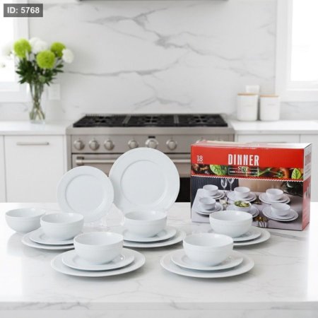 طقم صحون سفرة 18 قطعة بورسلان ابيض مدور اطار مبزر ZD3947-18 ++لو